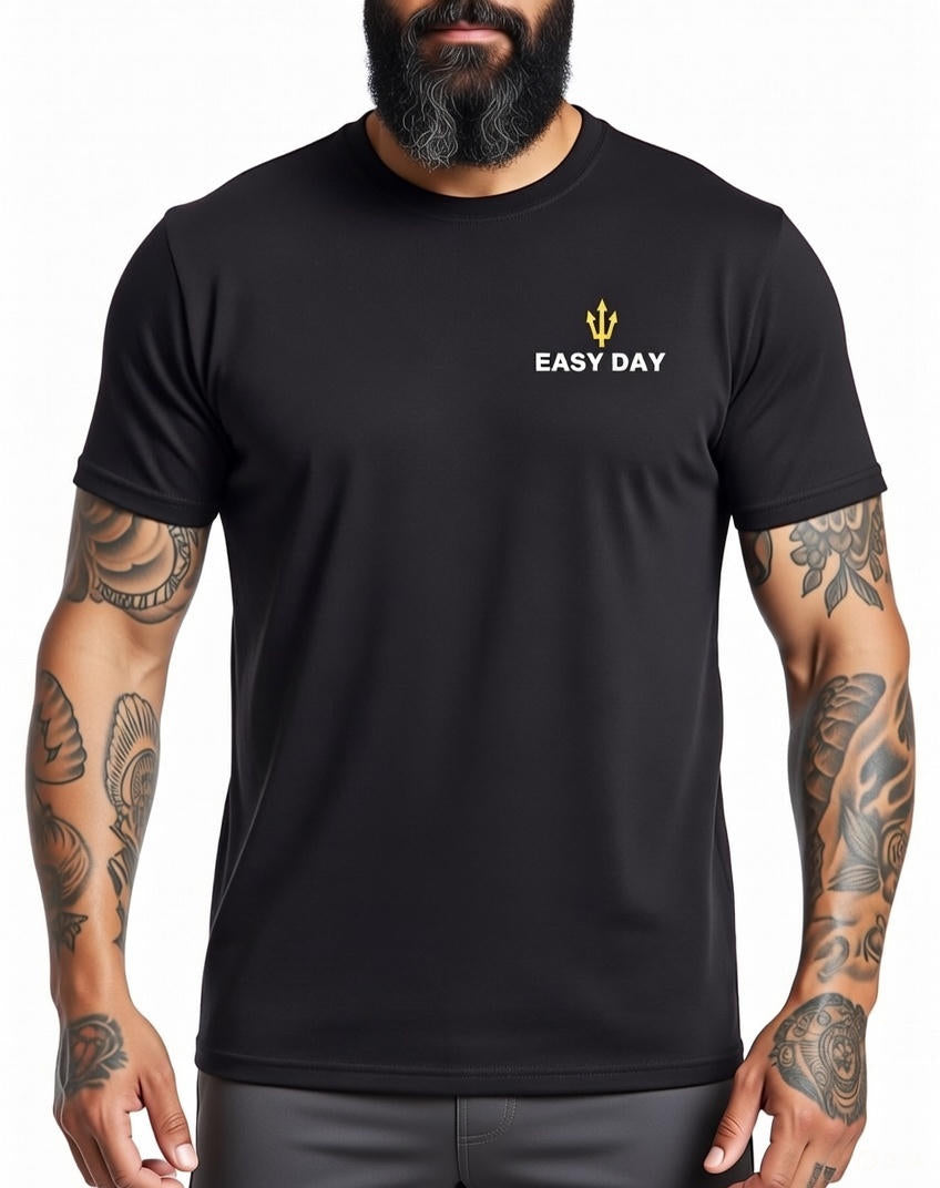 Man wearing a black t-shirt with 'EASY DAY' logo on a white background