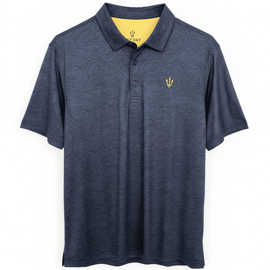 Navy patterned polo shirt with a Easy Day logo on a white background