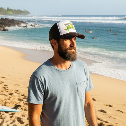 Trucker hat with a frog graphic and 'Easy Day' text on a car dashboard.