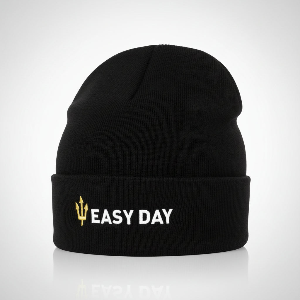 Black beanie with 'EASY DAY' text and logo on a white background