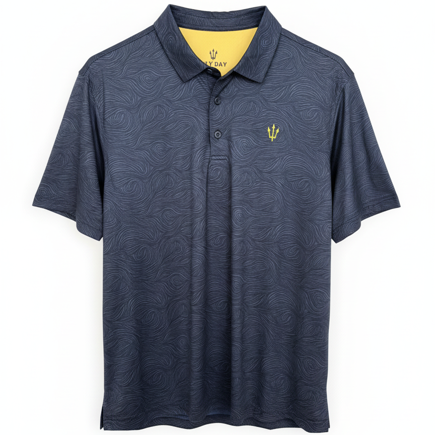 Navy blue polo shirt with a logo on a white background