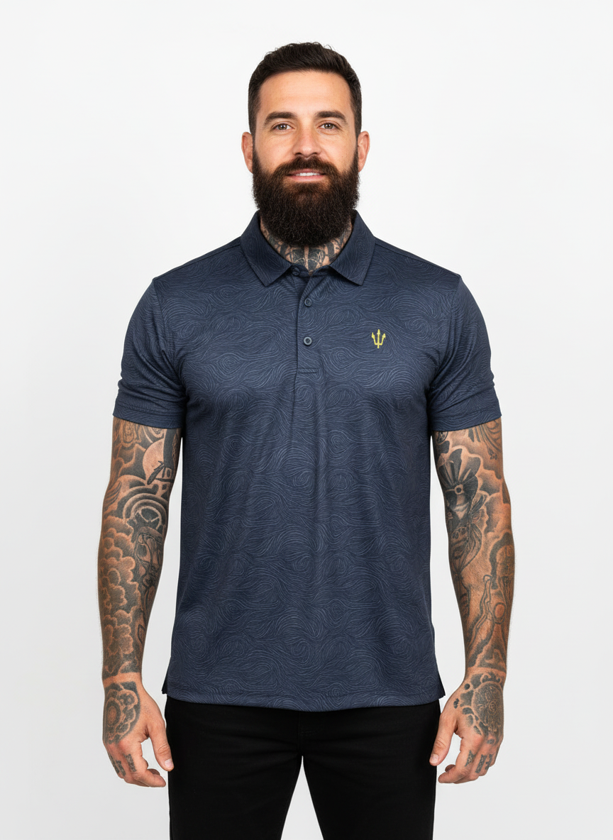 Man wearing a navy polo shirt with a small yellow logo on a white background