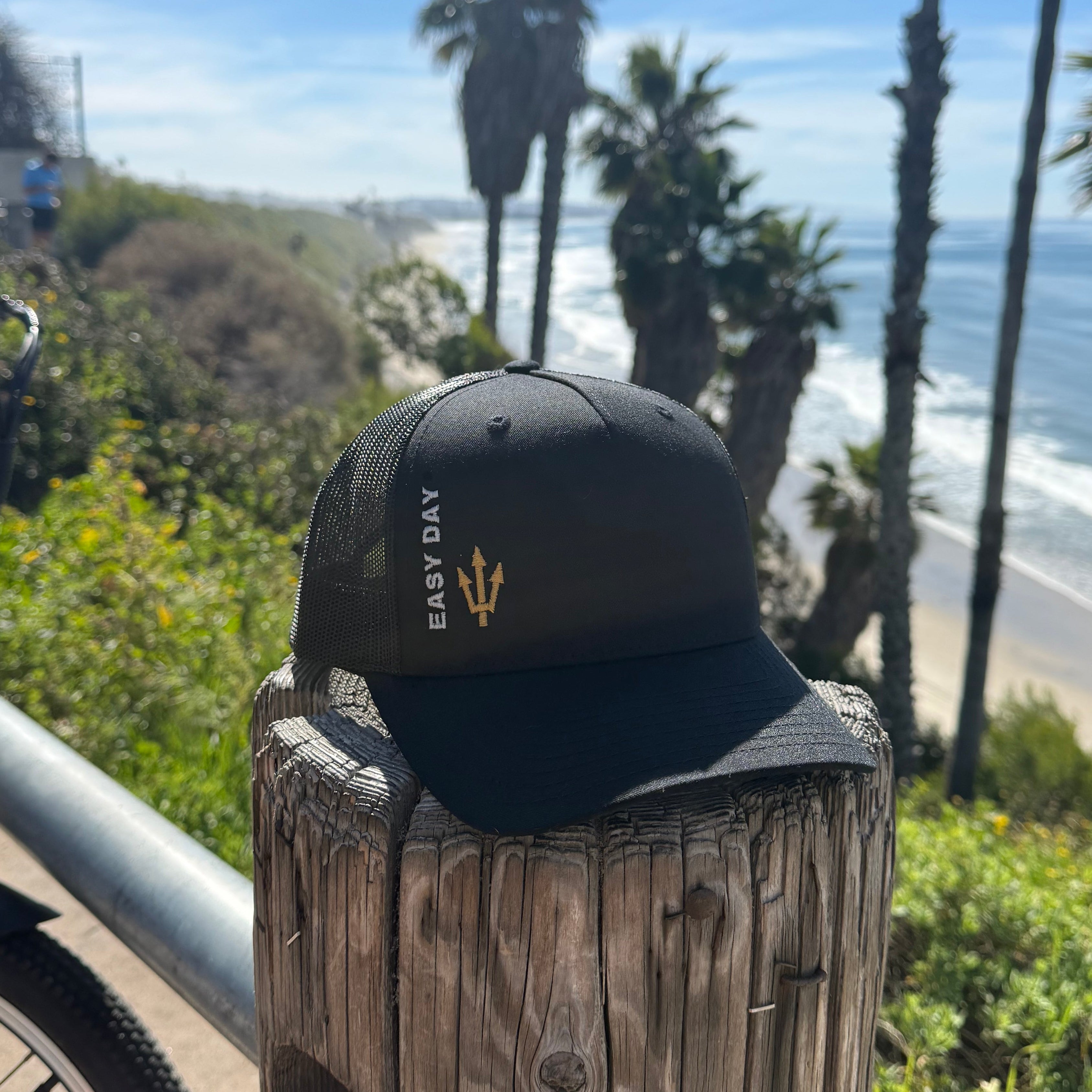 Black cap with a logo on a wooden post by a beach with palm trees and blue sky.