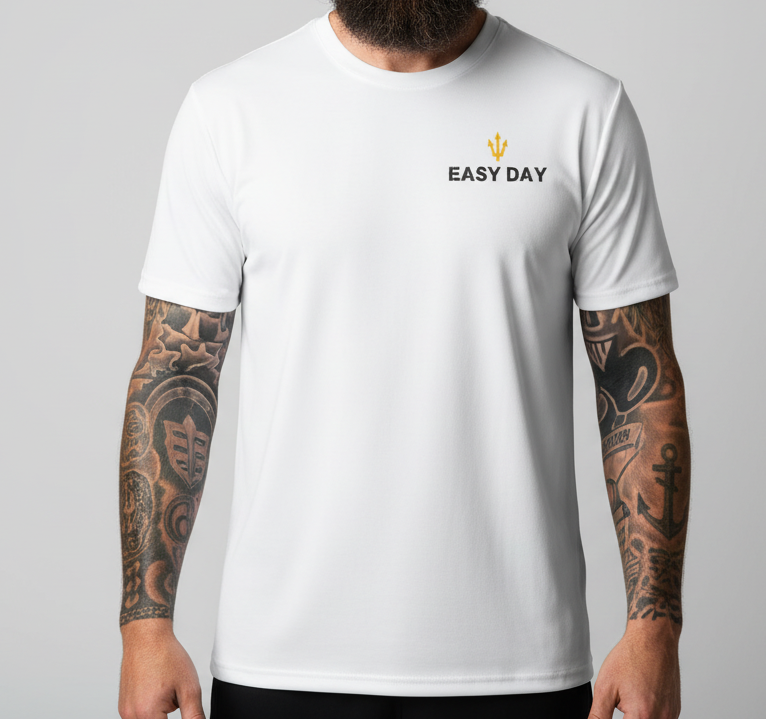 Person wearing a white t-shirt with 'EASY DAY' text and logo on a plain background