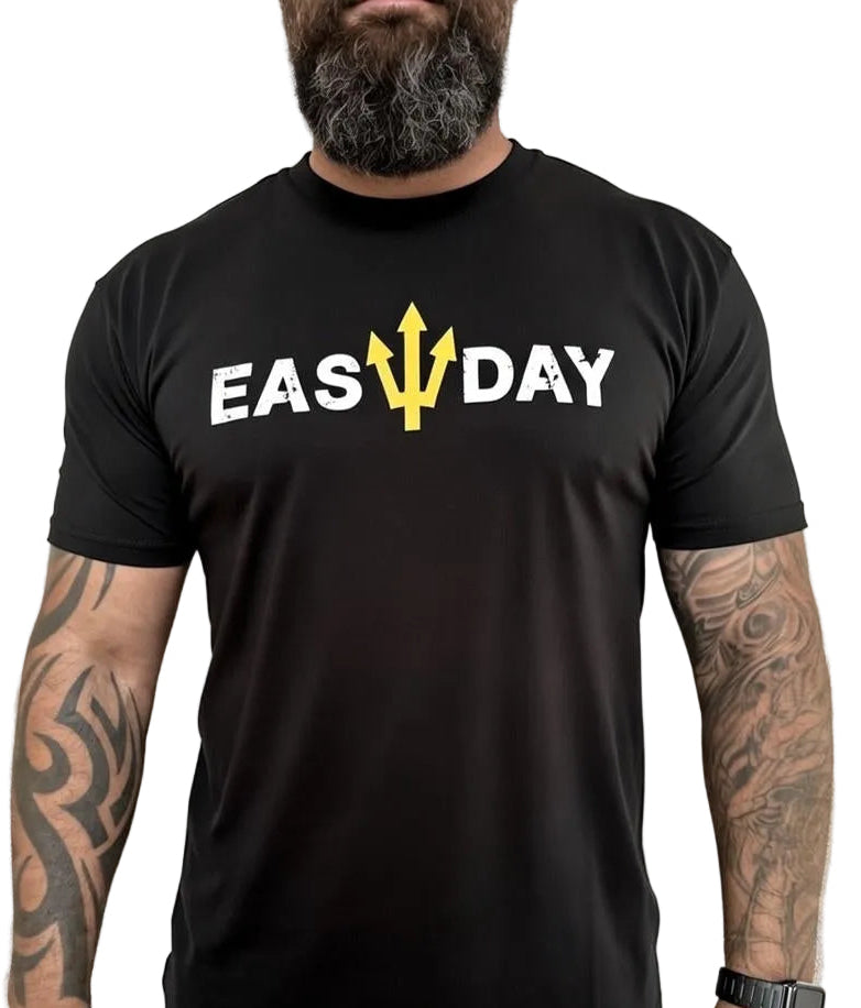 Person wearing a black t-shirt with 'EASY DAY' text and logo.