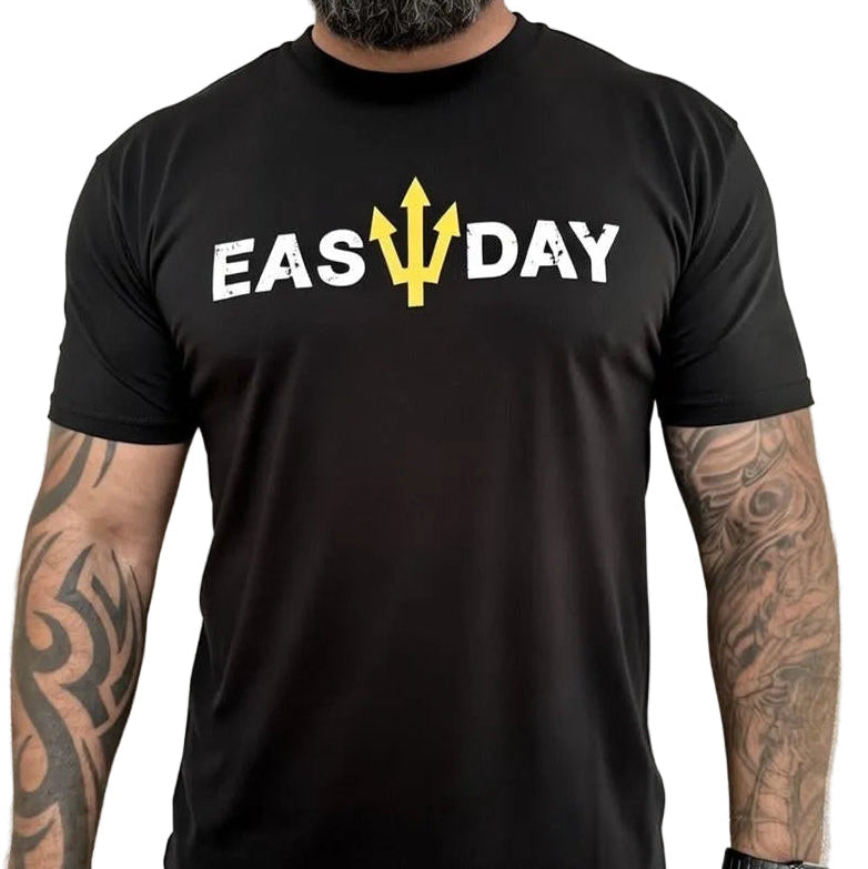 Person wearing a black t-shirt with 'EASY DAY' text and logo.