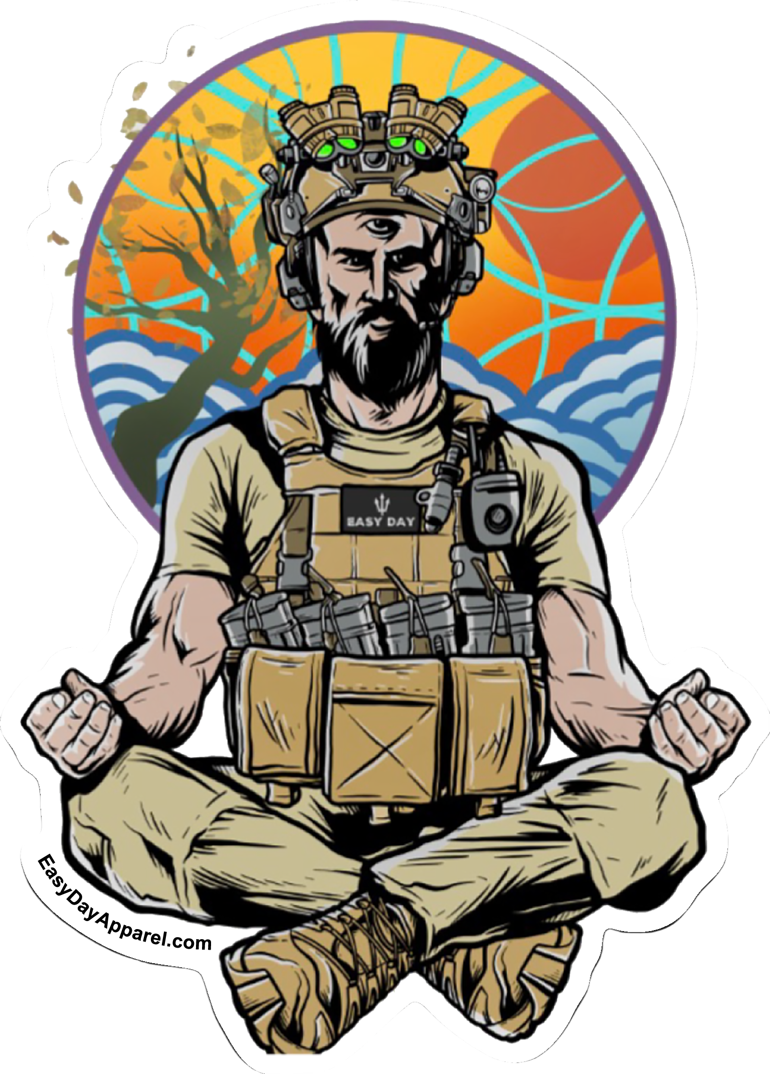 Illustration of a person in tactical gear with a colorful background