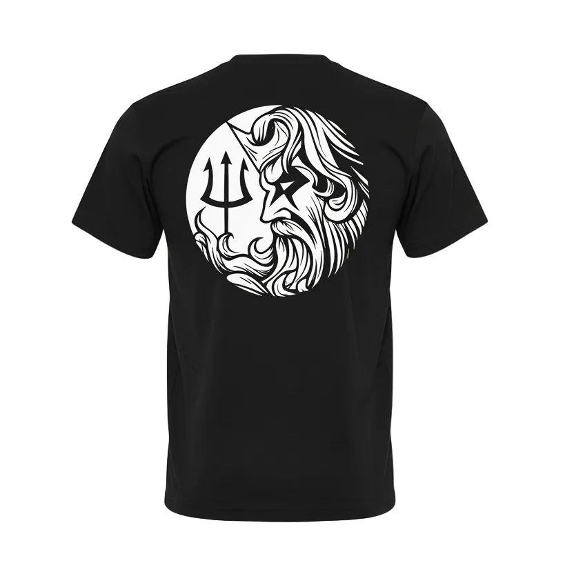 EASY DAY® Neptune short-sleeve tee in black, back view with Neptune and trident graphic