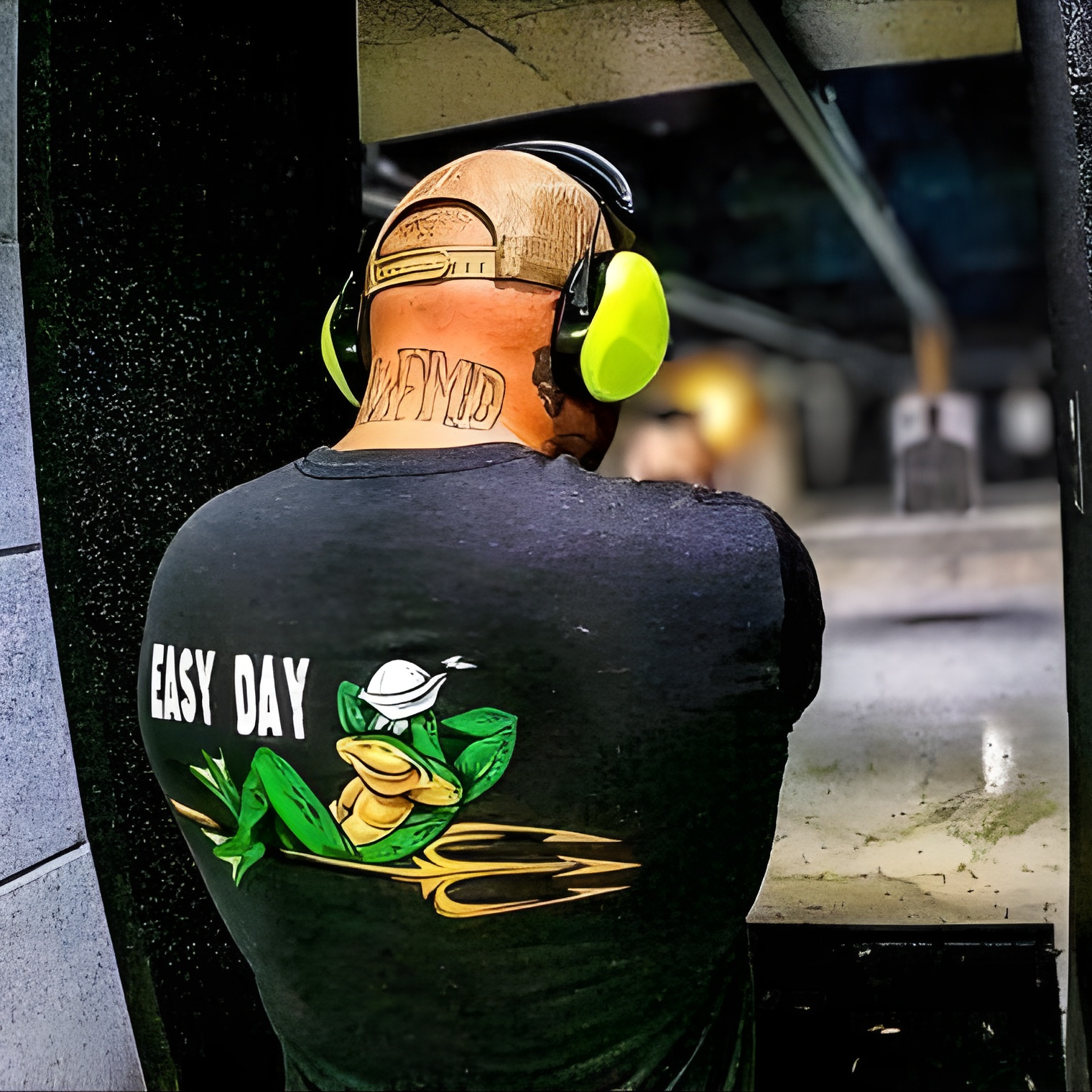 Person wearing a black easy day frogman t-shirt with a logo and text, standing on range