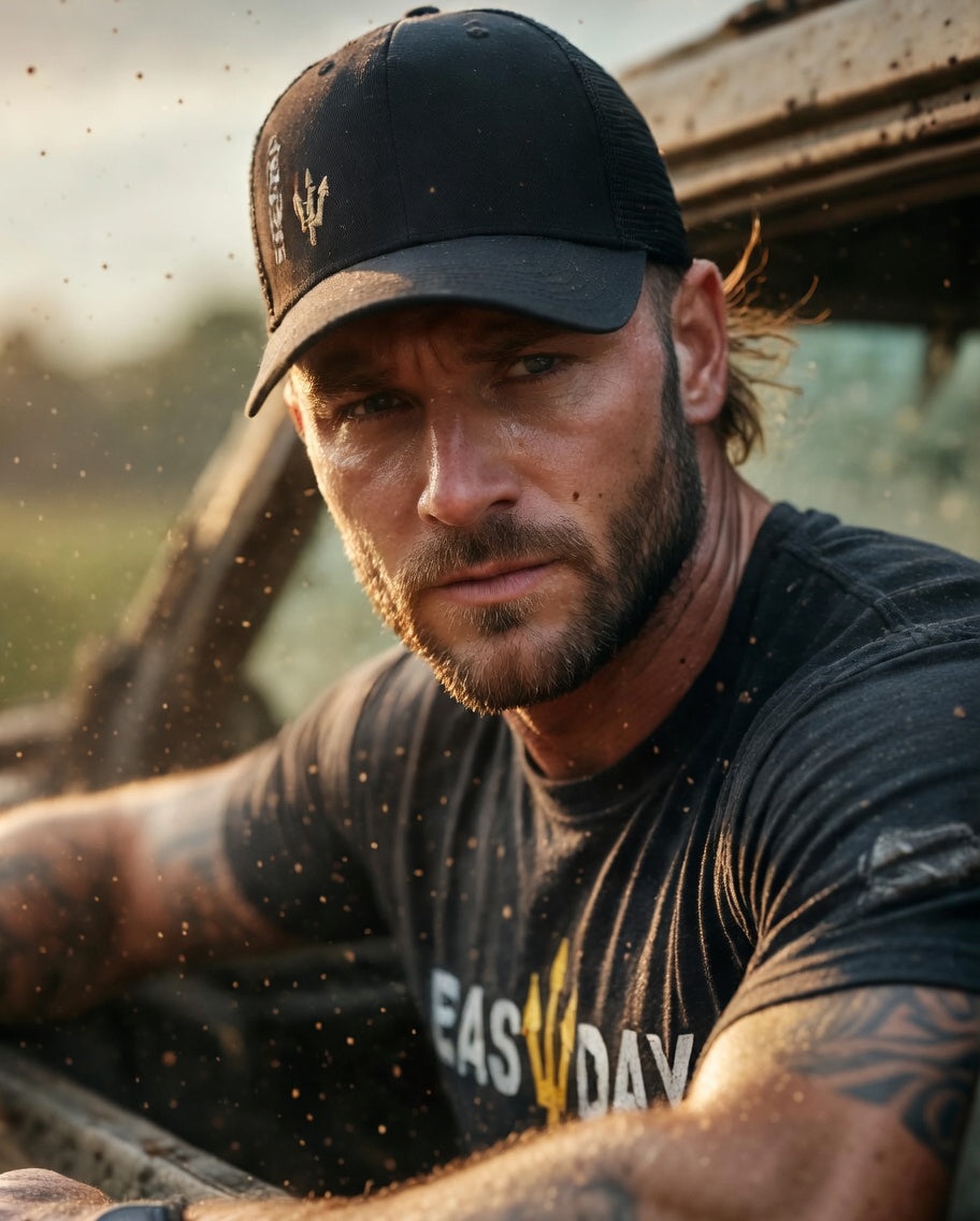 Man wearing a black cap and t-shirt with visible tattoos, sitting inside a vehicle.
