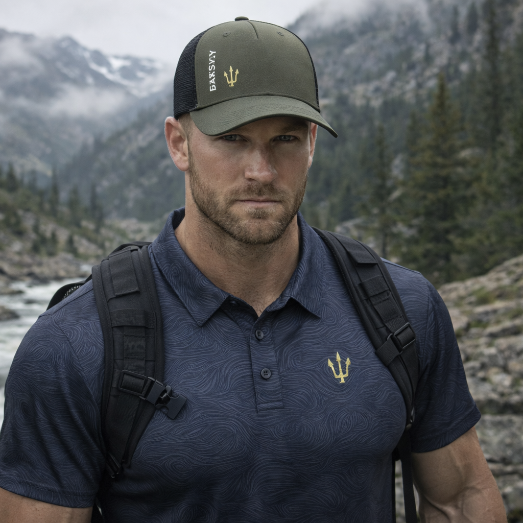 Man wearing a cap and Easy Day polo shirt with a logo, standing in a mountainous landscape.