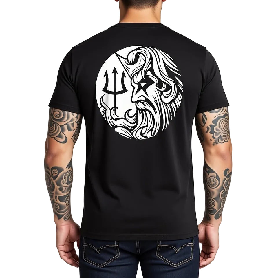 Easy Day Black t-shirt with white King Neptune graphic design on the back, worn by a man with tattoos.