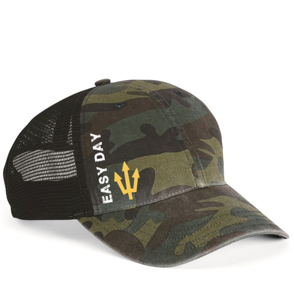 EASY DAY® camo snapback hat with gold trident logo — front view