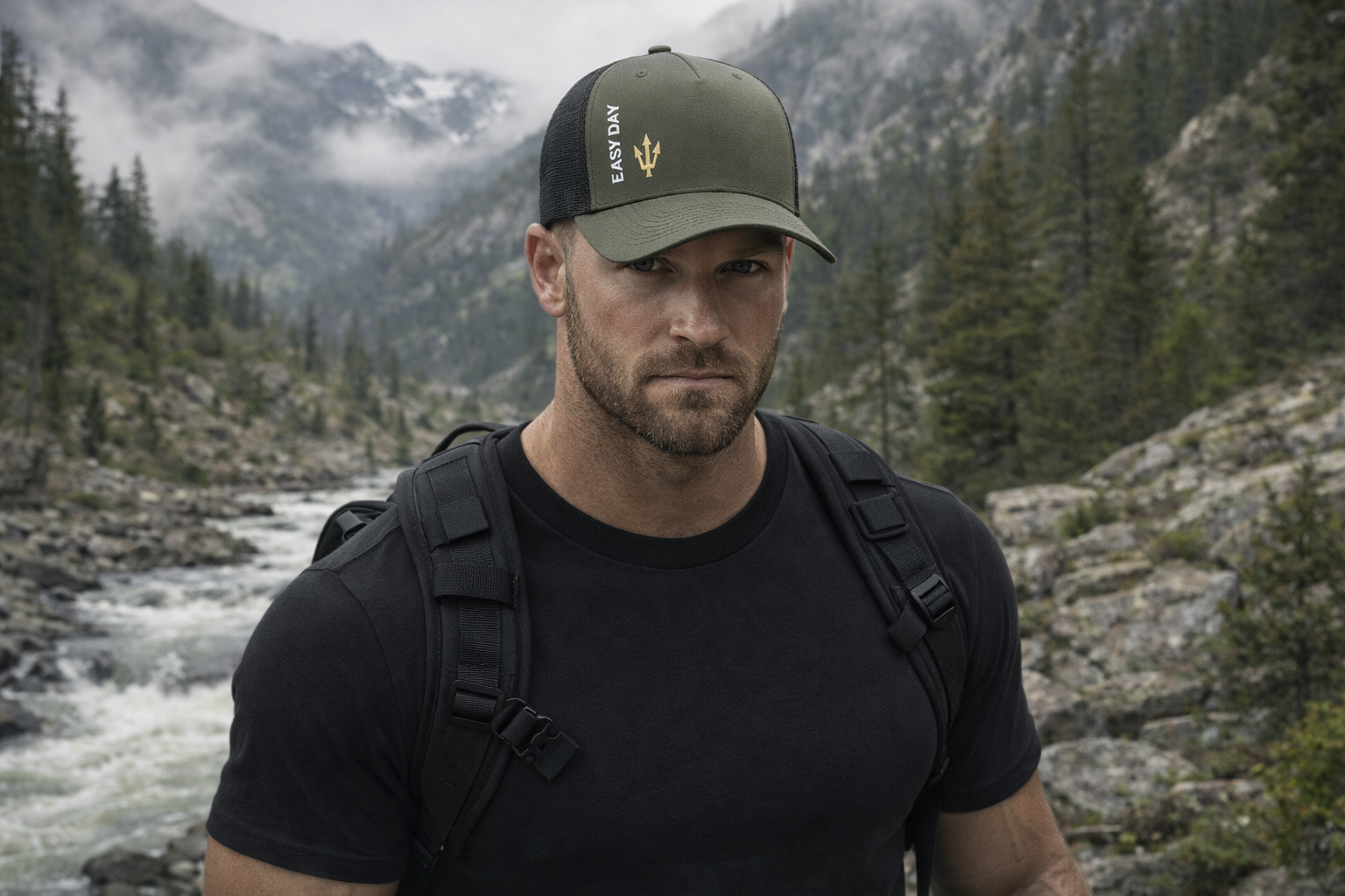 Man wearing olive green EASY DAY trucker hat in rugged mountain landscape