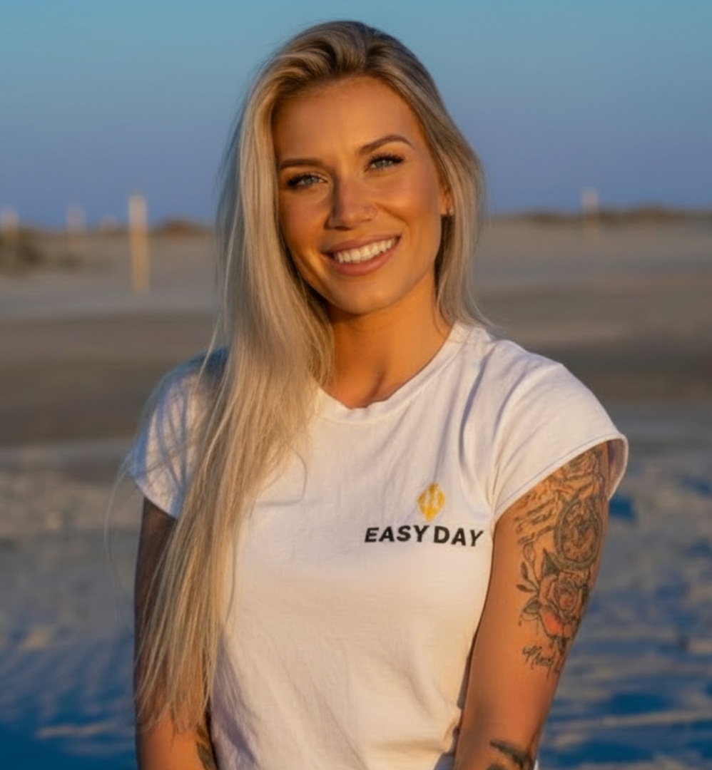 Woman wearing an 'Easy Day' t-shirt on a beach