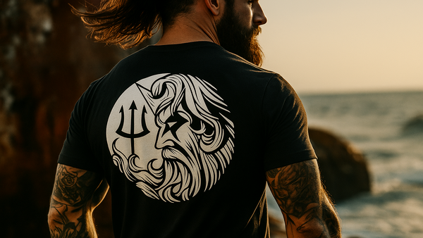 Man wearing a black t-shirt with a white graphic design of a face and trident, standing by the ocean.