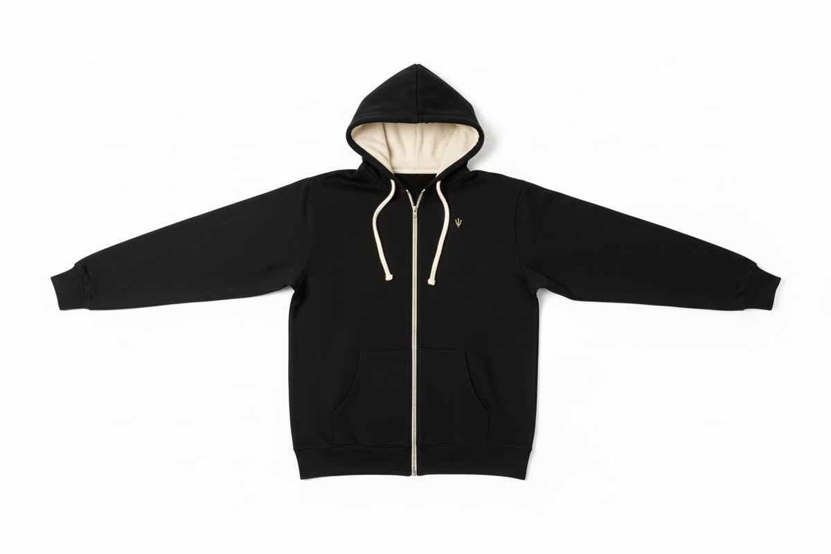 Black easy day sherpa zip up hoodie with a white zipper on a white background