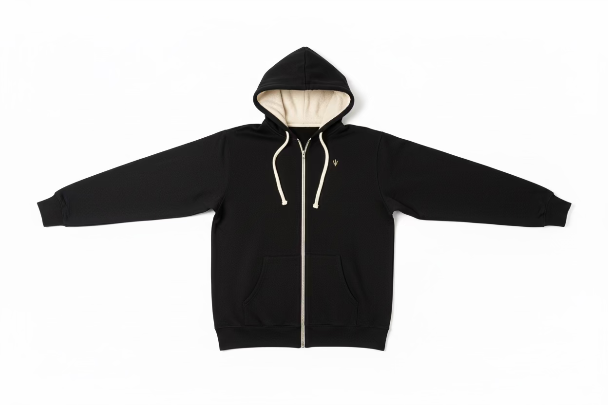 Black easy day sherpa zip up hoodie with a white zipper on a white background