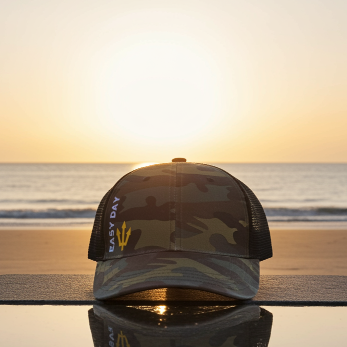 Camouflage cap on a surfboard with a sunset over the ocean in the background