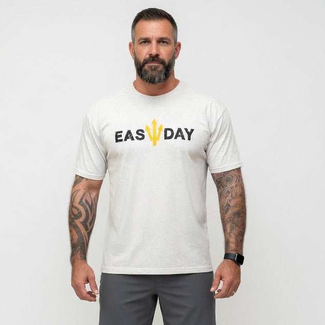 Man wearing a white t-shirt with 'EASYDAY' logo and gray shorts on a white background
