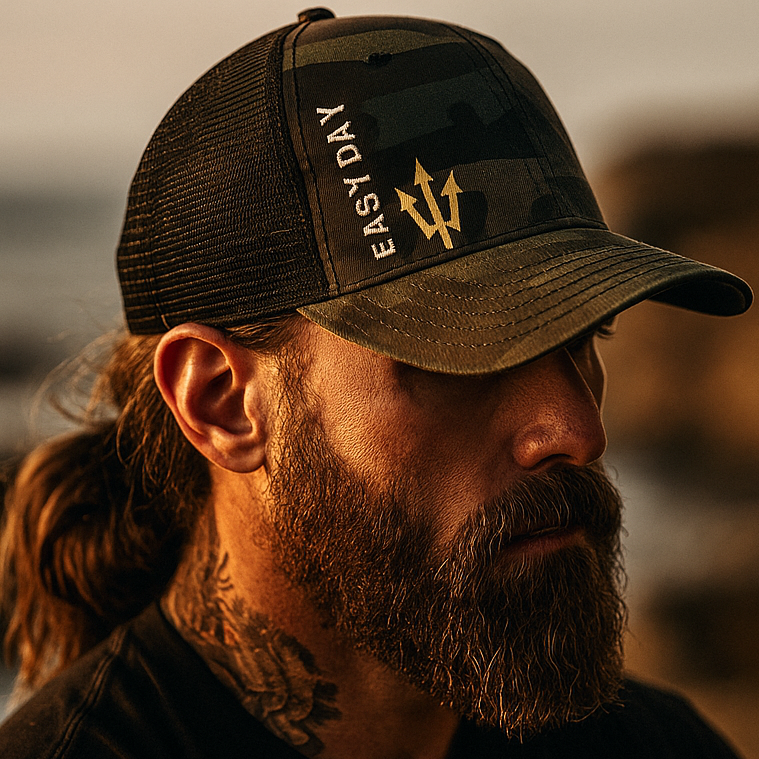 Man wearing a cap with a logo and text, standing against a blurred natural background