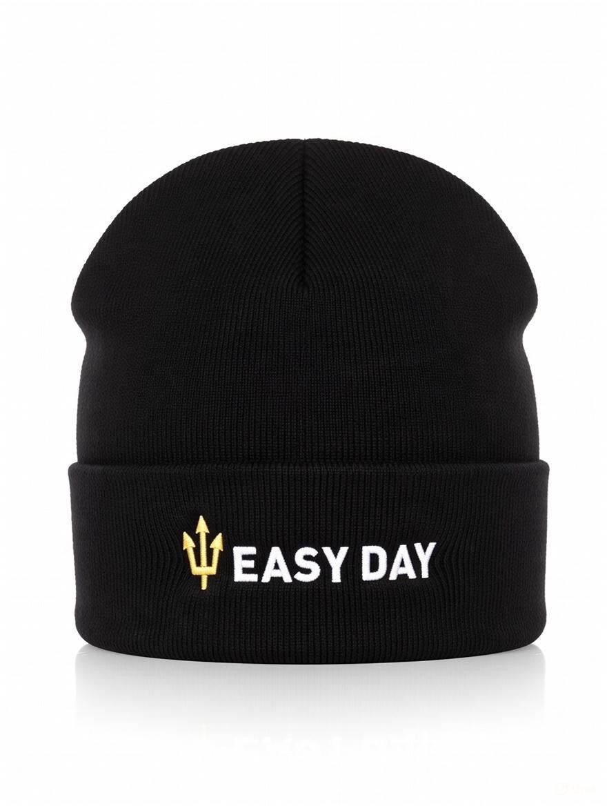 Black beanie with 'EASY DAY' text and logo on a white background