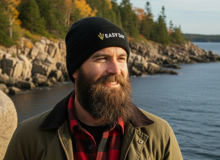 Man with a beard wearing a black beanie and green jacket standing by a body of water with trees in the background.