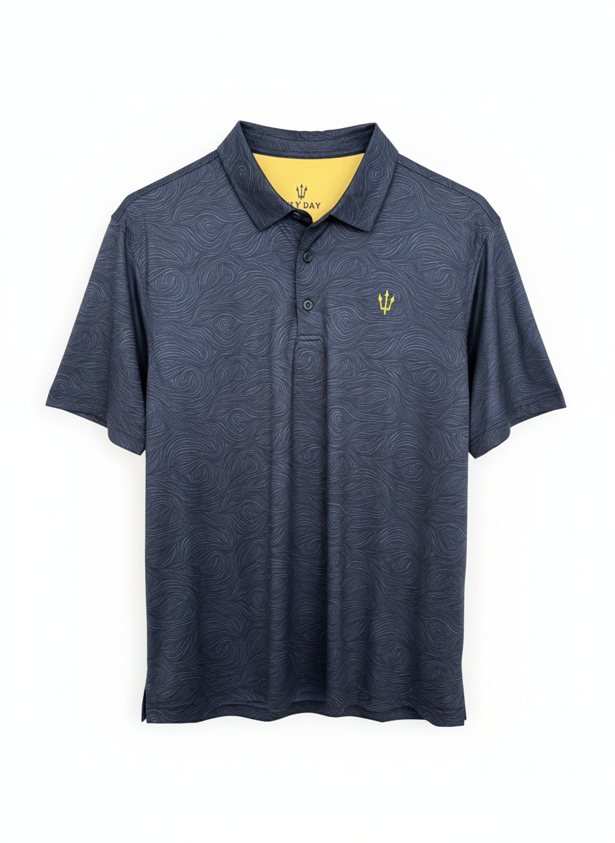 Navy blue polo shirt with a logo on a white background