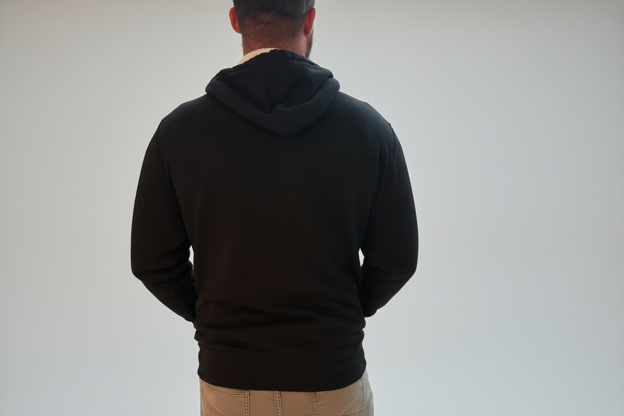 Person wearing a black hoodie and beige pants standing in a modern living room.