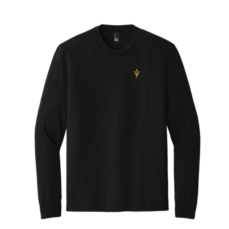 Black long-sleeve shirt with a yellow logo on a white background