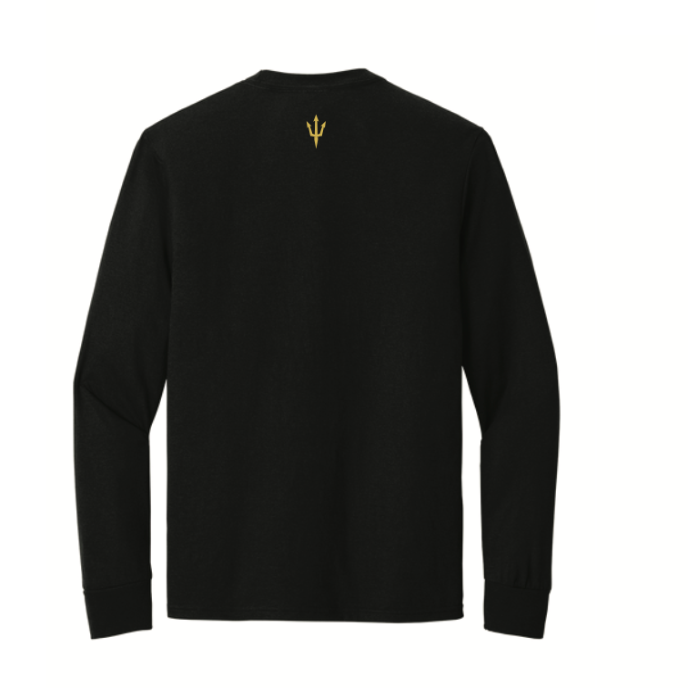 Black long-sleeve shirt with yellow logo and text on a white background