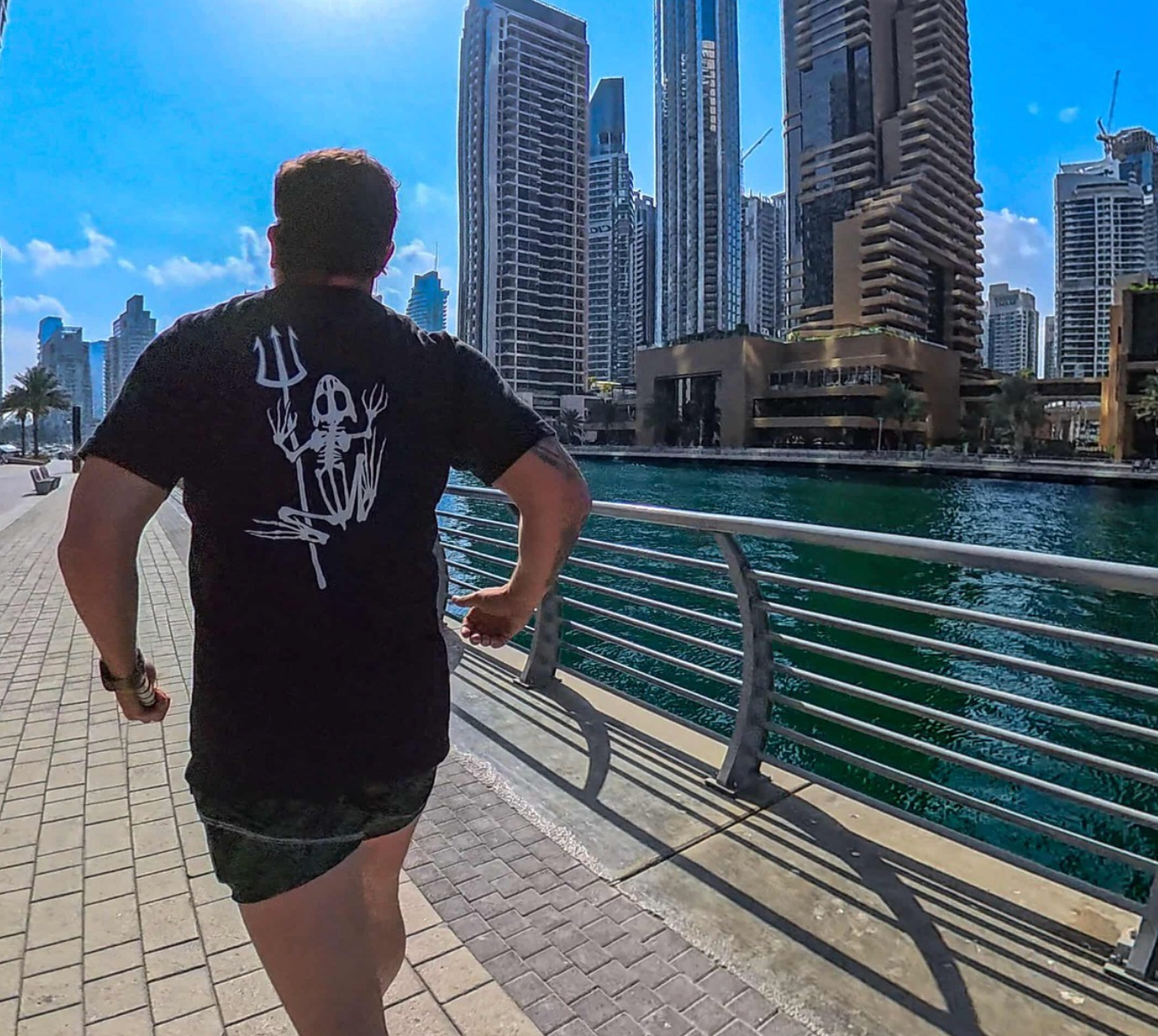 Person walking along a waterfront promenade with tall buildings in the background