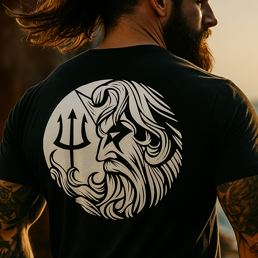 Man wearing a black t-shirt with a white graphic design of a face and trident, standing by the ocean.
