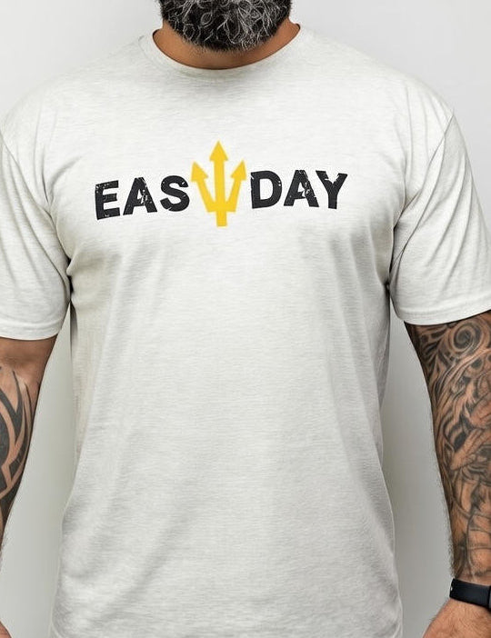 Man wearing a white t-shirt with 'EASY`DAY' logo on a plain background