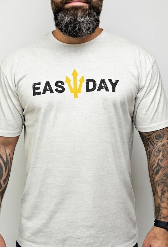 Man wearing a white t-shirt with 'EASY`DAY' logo on a plain background