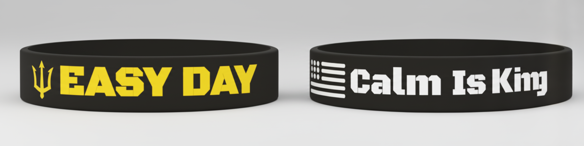Two wristbands with 'Easy Day' and 'Calm Is King' text on a white background.