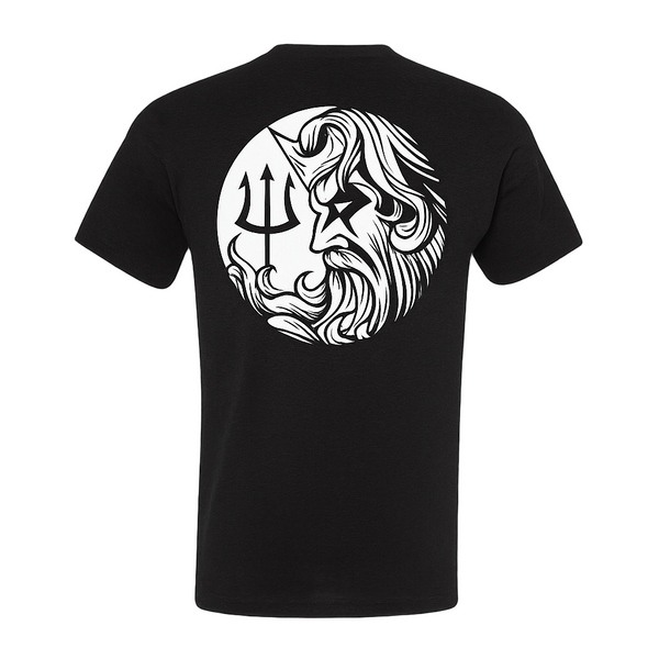 EASY DAY® Neptune short-sleeve tee in black, back view with Neptune and trident graphic