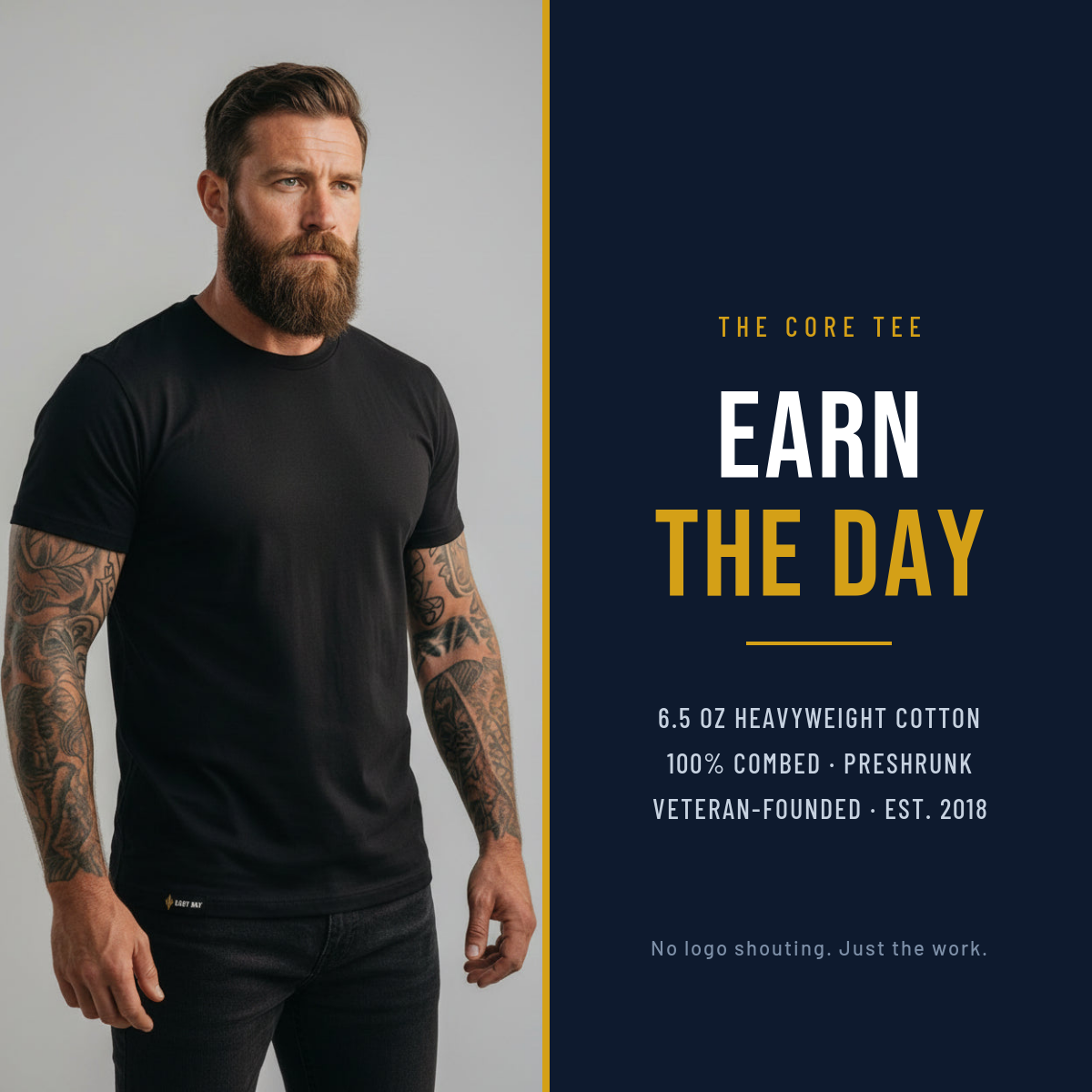 Easy Day Core black heavyweight cotton tee on-body with Earn the Day brand panel: 6.5 oz, 100% combed cotton, preshrunk