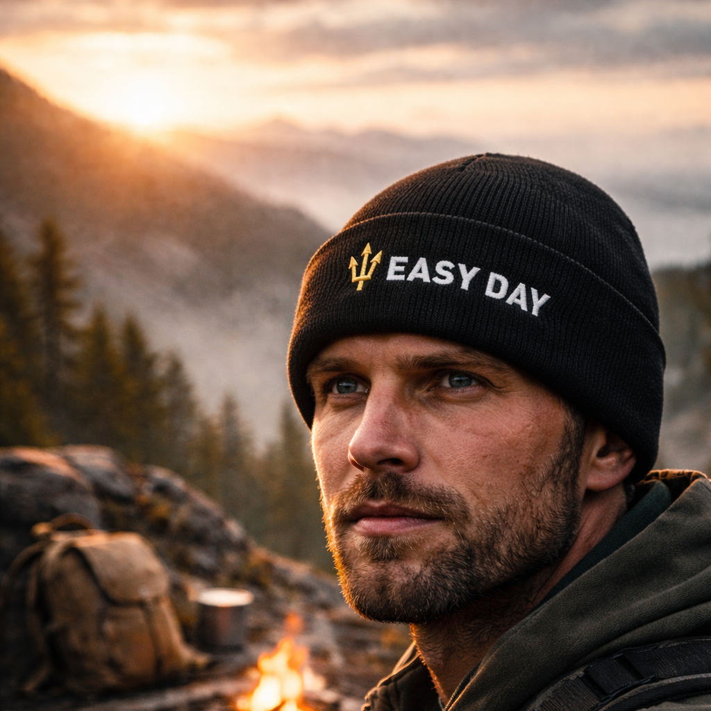 Man wearing a 'Easy Day' beanie in a mountainous landscape with a campfire.