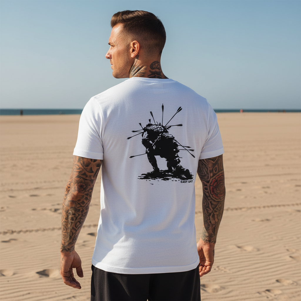 Man wearing a white t-shirt with a black graphic on the beach