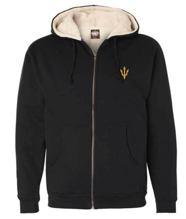 Black hoodie with a gold logo on a white background