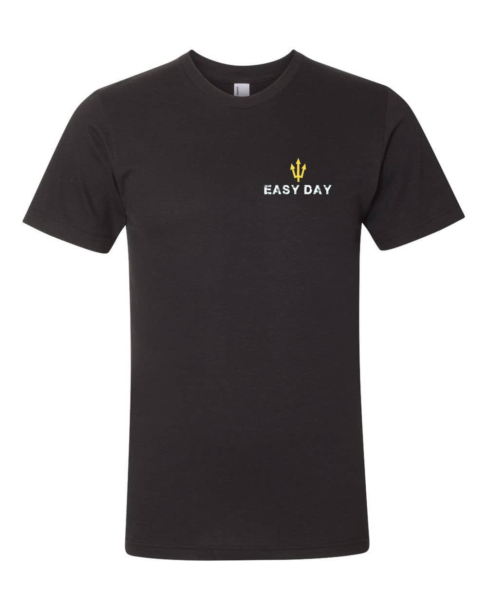 EASY DAY® black tee featuring meditating operator in tactical gear against sunset circle