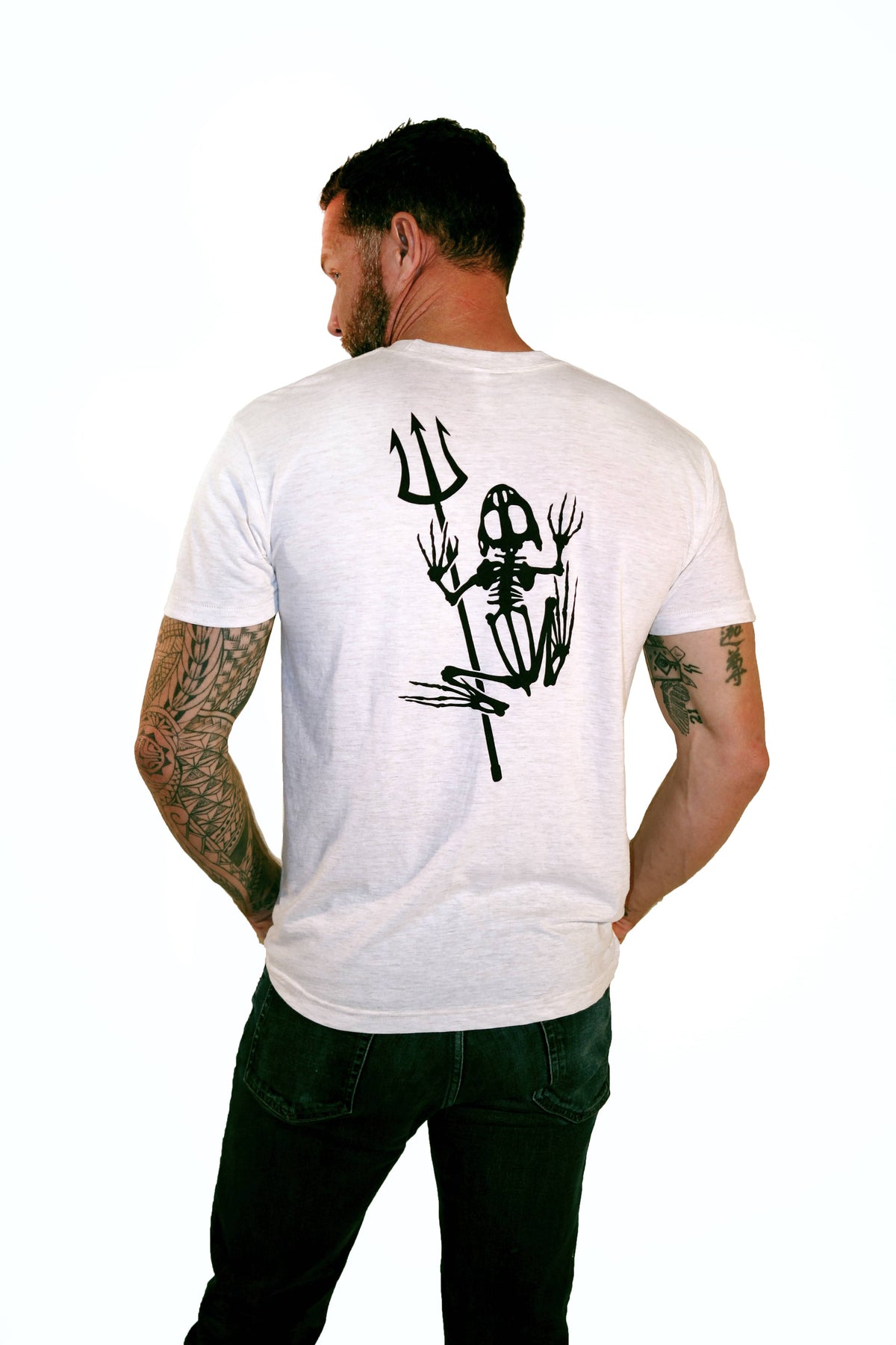 Black t-shirt featuring the iconic Bonefrog logo—a skeletal frog symbol honoring fallen U.S. Navy SEALs—prominently displayed on the front. This veteran-owned apparel represents military service, sacrifice, and the Naval Special Warfare community, often including patriotic elements like American flags or motivational slogans.
