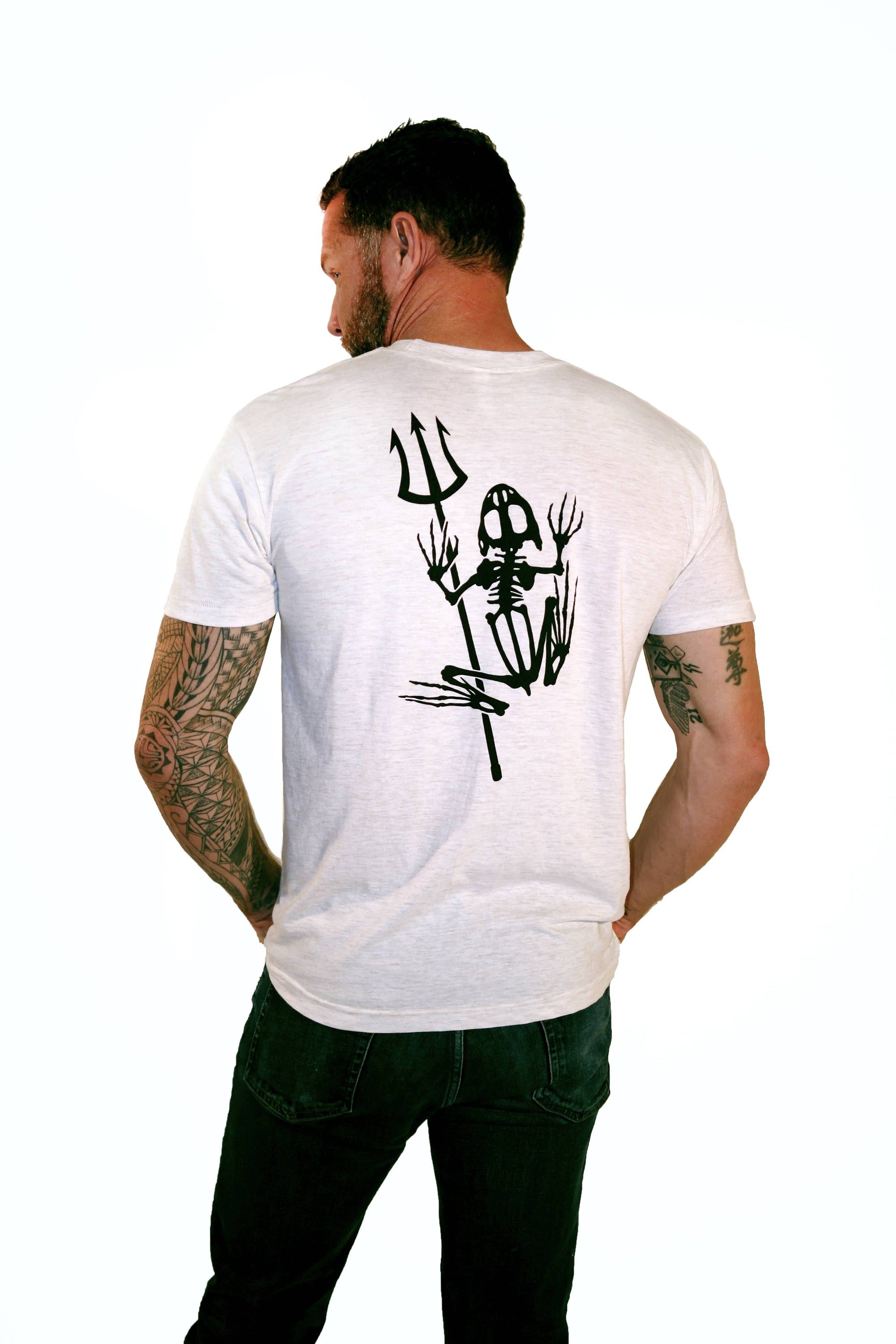 Black t-shirt featuring the iconic Bonefrog logo—a skeletal frog symbol honoring fallen U.S. Navy SEALs—prominently displayed on the front. This veteran-owned apparel represents military service, sacrifice, and the Naval Special Warfare community, often including patriotic elements like American flags or motivational slogans.