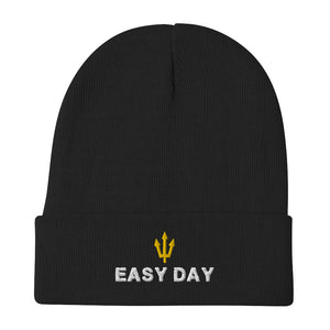 Easy Day Team Beanie — black rib-knit cuffed hat with embroidered Easy Day logo, tactical cold weather gear.